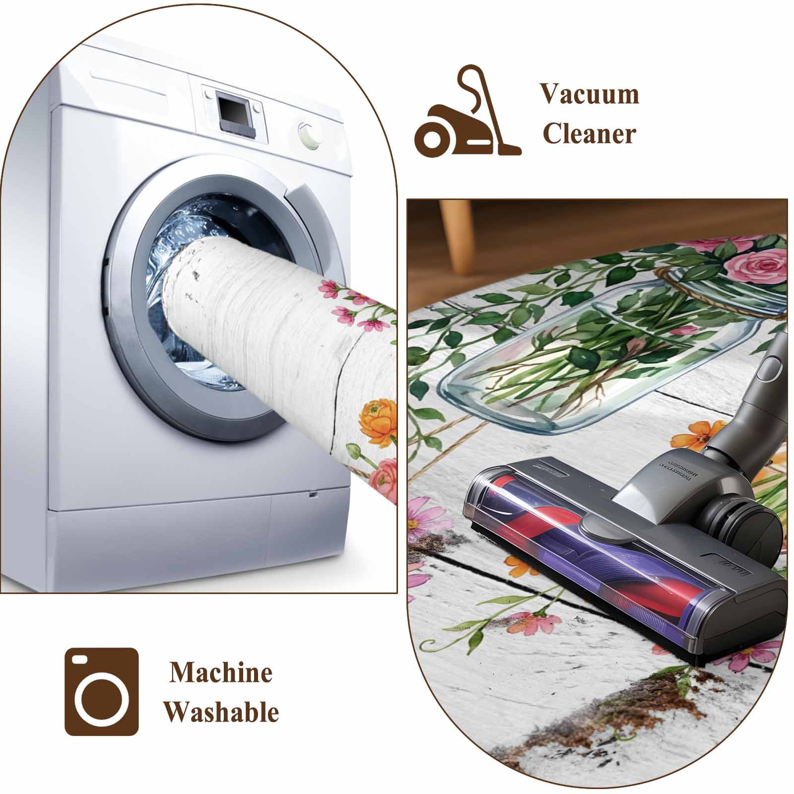 Pink Spring Floral Area Rugs 2.7'x5', Washable Small Throw Rugs for Kitchen Bedroom, Wooden Elegant Farmhouse Botanical Indoor Outdoor Rug Non-Slip Low Pile Carpet Runner Reversible Floor Mats