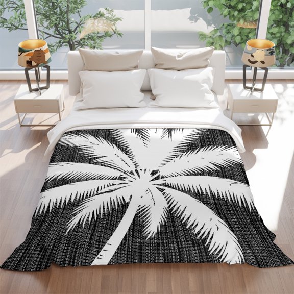 Flannel Fleece Throw Blanket Summer Tropical White Palm Tree Lightweight Soft Plush Blankets 60x80in, Black Background Cozy Warm Throw Blanket for Couch Sofa Bed Car Office