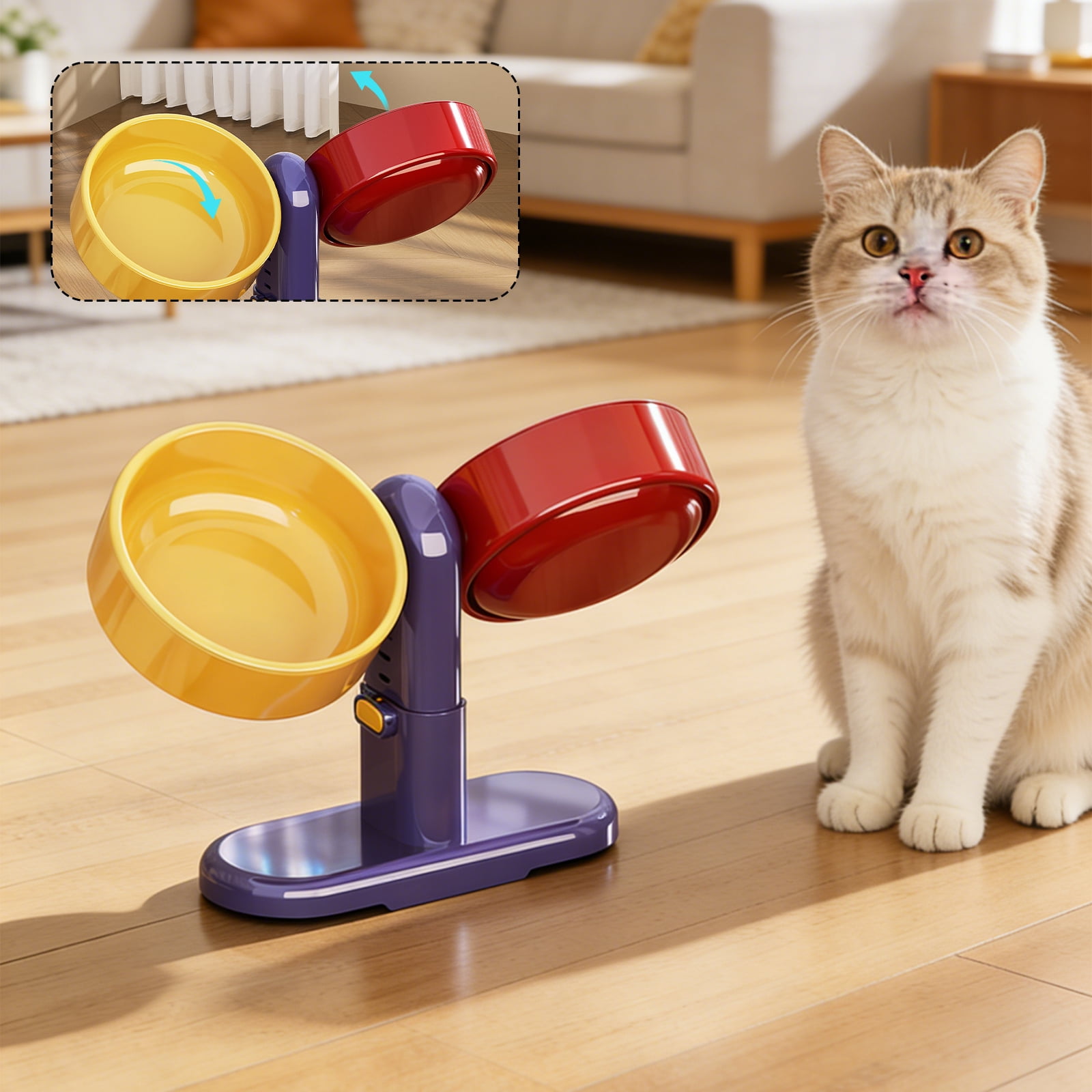 Elevated Cat Bowl - Adjustable Height, Rotatable Pet Feeder with Wide Opening, Anti-Spill Water Bowl for Cats, Neck Protection Design, Blue