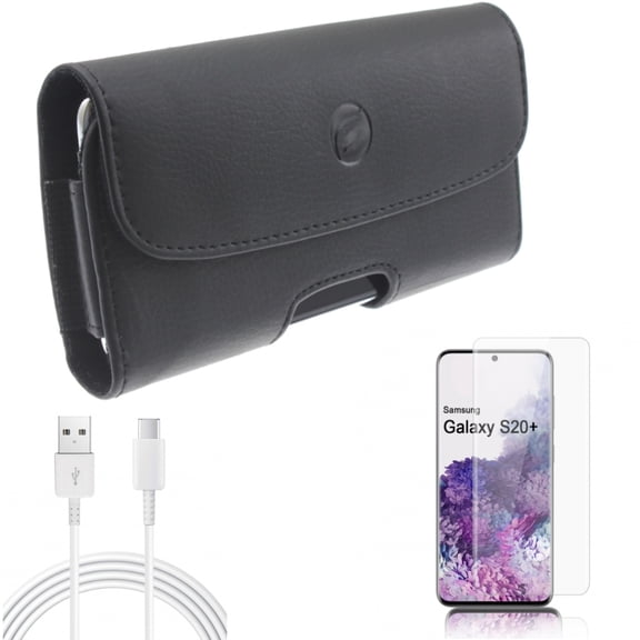 Screen Protector w 10ft USB-C Cable w Case Belt Clip for Samsung Galaxy S20 Plus - Tempered Glass [Fingerprint Unlock] 3D Curved Edge, Type-C Charger Cord Power, Leather Holster fits Galaxy S20 Plus