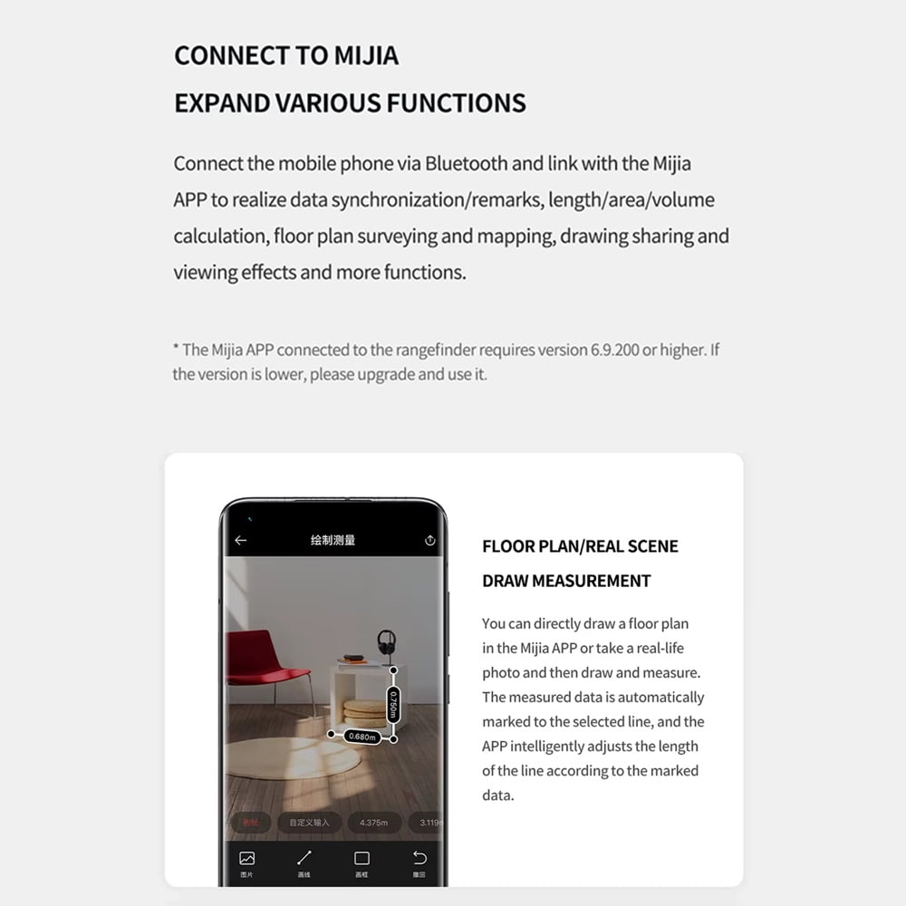 Xiaomi Mijia Laser Measure, Digital Laser Tape Measure, Compatible with Mi Home App, Portable Laser Distance Meter, Electronic Measuring Device Tool for Home Improvement