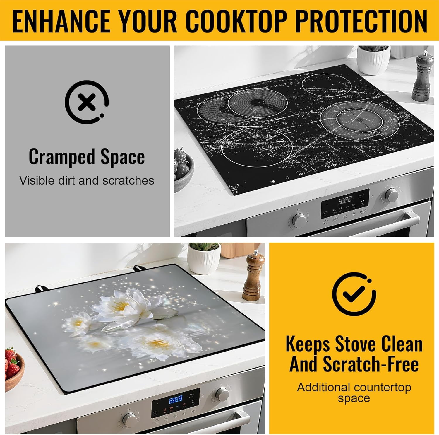 Stove Top Cover for Electric Stove 28.5x20.5 Inch Silicone Stove Topper & Protector, Scratch-Resistant Decorative Kitchen Mat for Electric/Glass Stove Top (Glittering White Lotus)