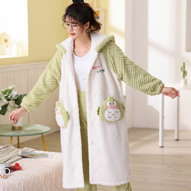 Pijama de vellón coral grueso para mujer, de manga larga, con capucha, bonito dibujo animado de perro, camisón de terciopelo cálido, traje de franela para el hogar