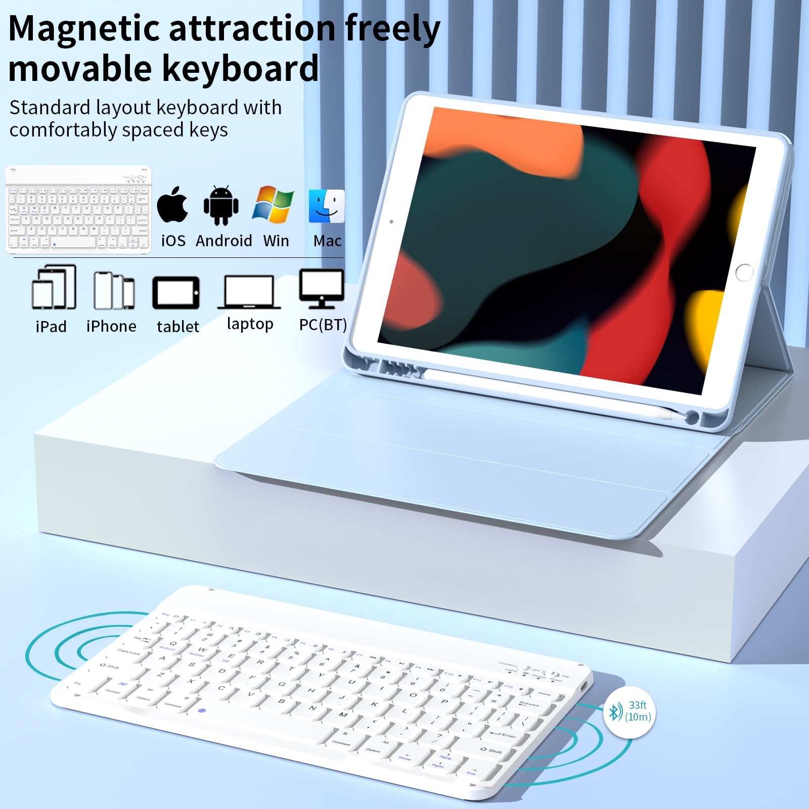 SZPSGC Keyboard Case for ipad 10.2" 9th/8th/7th Gen,Wireless Magnetic Detachable Keyboard for iPad 9th/8th/7th, with Built-in Pencil Holder, Blue