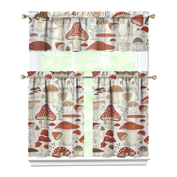 Kitchen Curtains 36 Inch Short - 3 Panel Set, Rod Pocket Window Curtain with Boho Vintage Mushroom Print, 100% Polyester for Farmhouse, Cafe, Kitchen, Bedroom, Easy Wash
