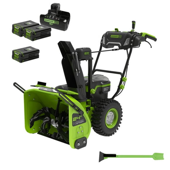 GREENWORKS -80V 24'' Dual Stage Snow Thrower, (3) 4.0Ah Batteries and Dual Port Charger Included