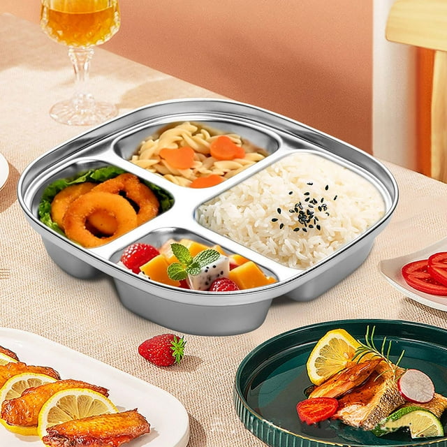 SSZMDLB under $5 Stainless Steel Dinner Plate, Stainless Steel Plate, Compartmentalized Lunch Tray for Kids, 4 Section Plate for Balanced Meals, Durable Unbreakable Plate for School, Picnic, Home