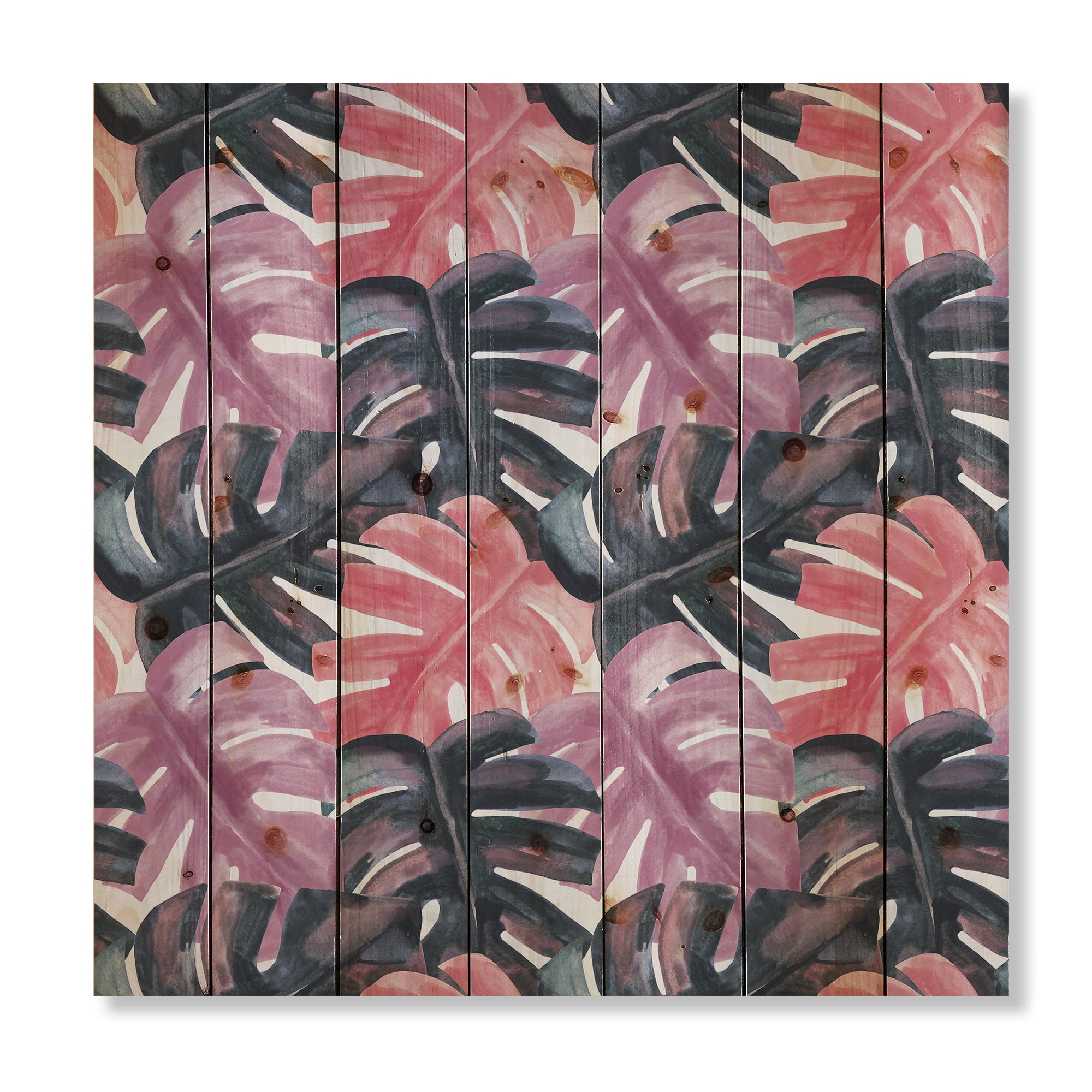 Designart 'Black and Red Monstera On Rough Brush Strokes II' Tropical Print on Natural Pine Wood