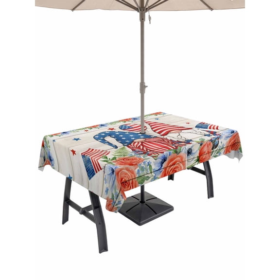 Outdoor Tablecloth with Umbrella Hole for Patio/Picnic/Party/Camping, Independence Day Waterproof Table Cloth Rectangle Table Cover Washable, Gnomes American Flag Flowers Grey Wooden (60"x 84")