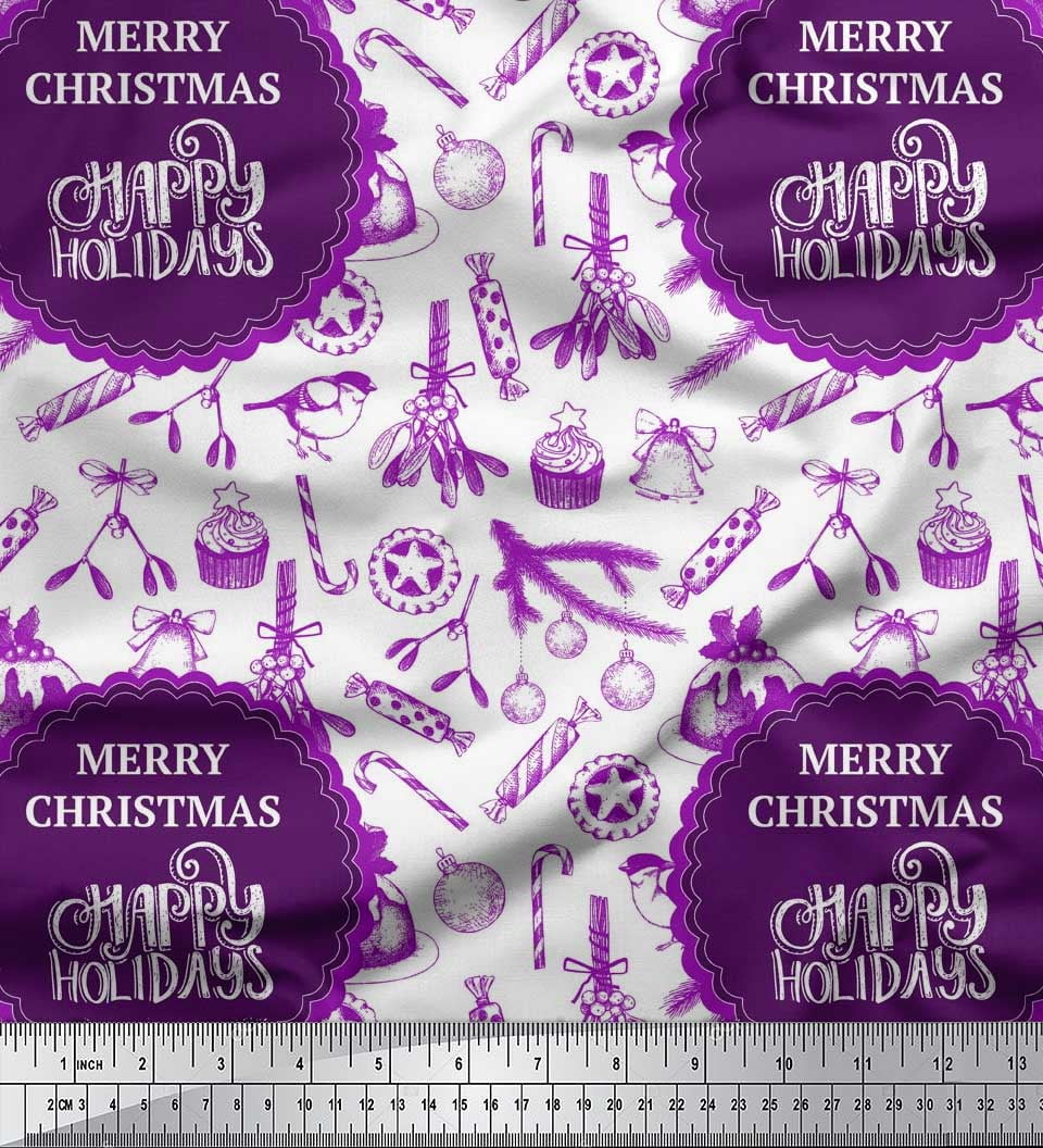 Soimoi Purple Heavy Satin Fabric Candies,Bell & Baubles Christmas Printed Fabric 1 Yard 54 Inch Wide