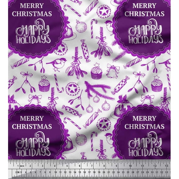 Soimoi Purple Velvet Fabric Candies,Bell & Baubles Christmas Decor Fabric Printed Yard 58 Inch Wide