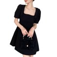 thumbnail image 3 of Vestido corto con mangas abullonadas, lindo, elegante, color puro, ribete con lazo, mangas cortas, vestido abombado para verano, 3 of 8