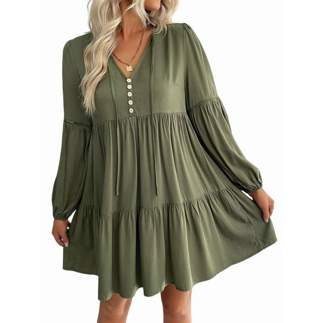 Vestidos Cortos de Larga para Mujer, Cuello en V, Informales, Holgados, con Vuelo, con , Estilo Bohemio para Vacaciones, para Otoño Verde L