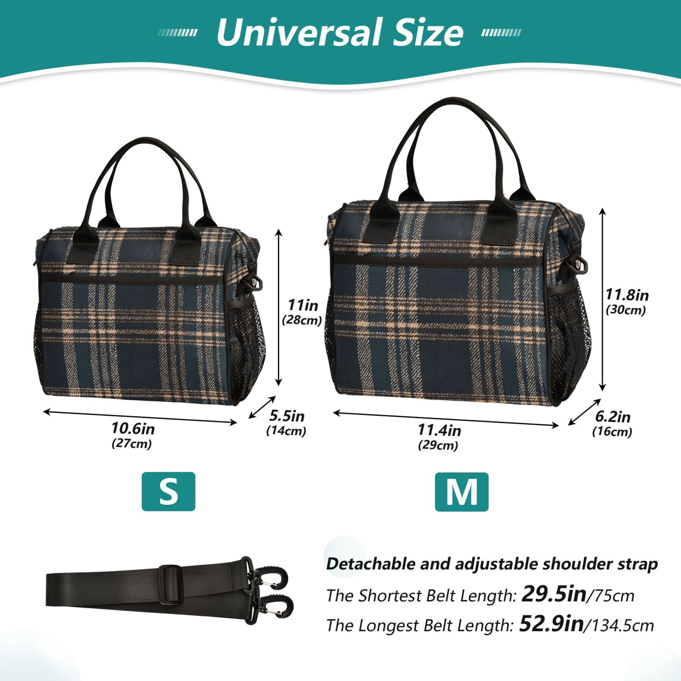 Lunch Bag Insulated Lunch Box Leakproof Reusable Cooler Tote Adjustable Shoulder Strap for Men Women Dark Green Brown Tartan 12L
