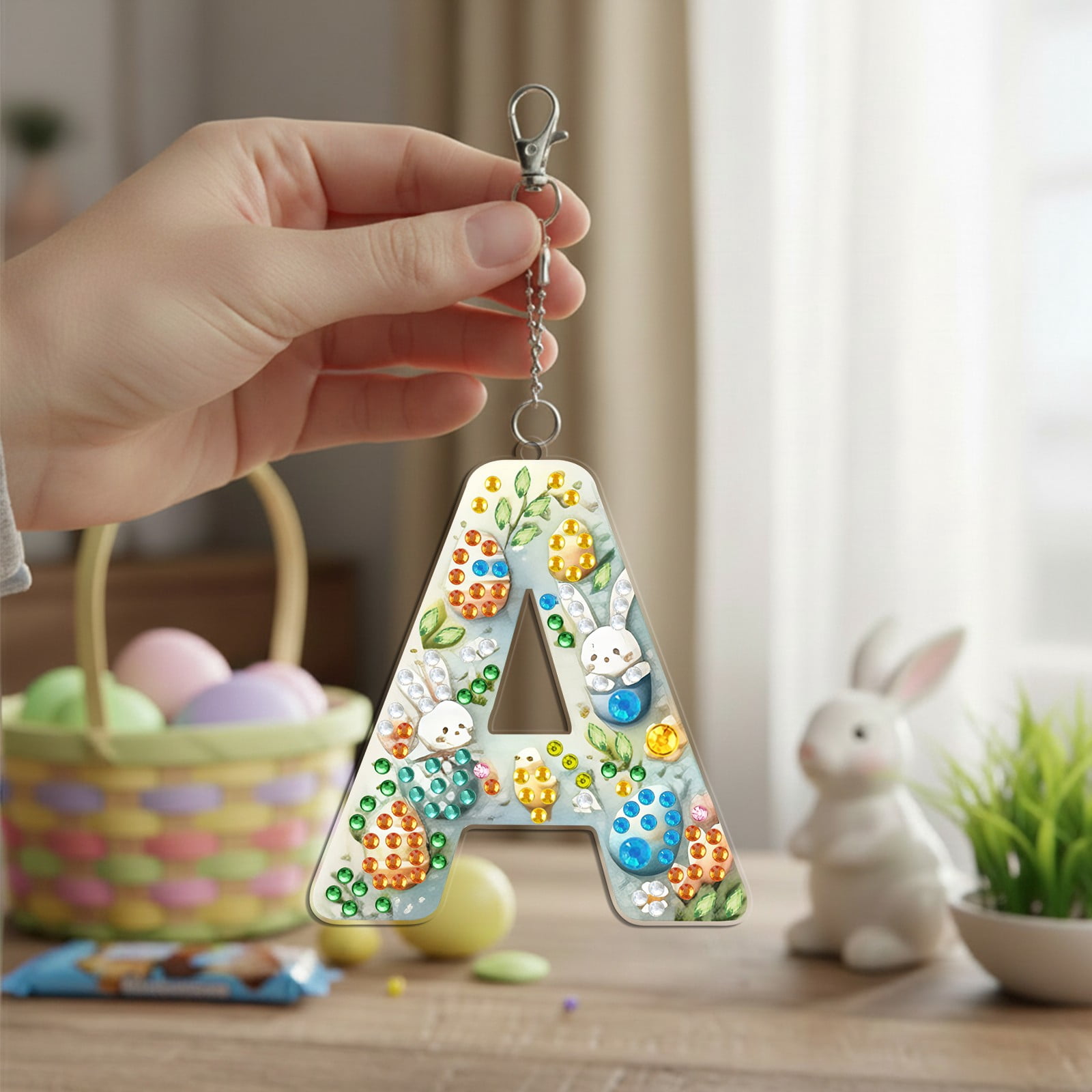 FLOPESN DIY Diamond Art Painting Easter Bunny Egg Letters Acrylic Keychain,Creative Design Double-Sided Diamond Craft For a gift to Friend Family-A