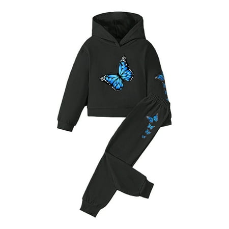 

LNMQLPDBS Girl s 2 Piece Outfits Color Block Butterfly Print Long Sleeve Hoodies Sweatshirt Tops and Sweatpants Set for 1 To 8 Years