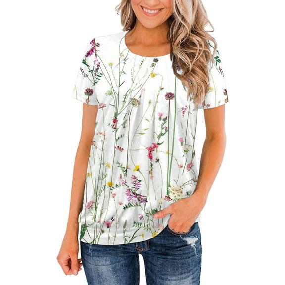 Jacenvly new summer blouses for women clearance Leisure Ruched Blouse Tees For Women Printing Loose Short Sleeve Summer Classic T-Shirt comfortable Floral Crewneck ladies plus size tops Multicolor