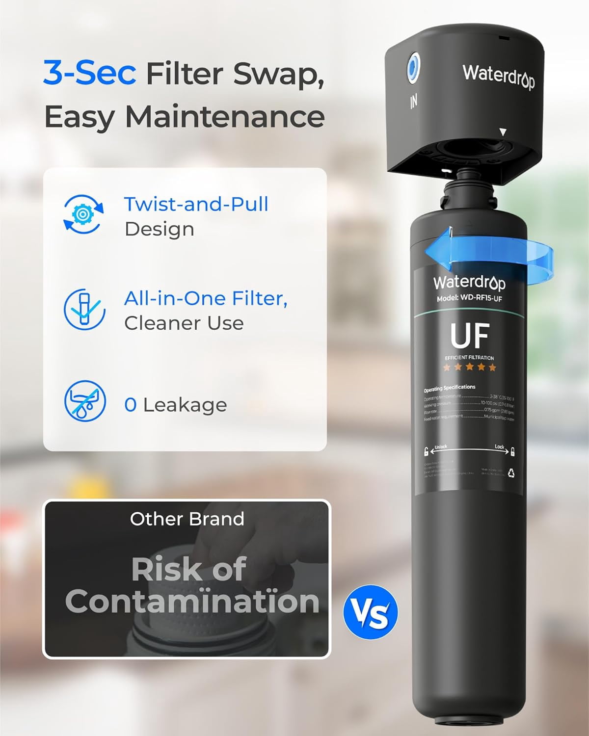 Waterdrop 15UC-UF Water Filter System, 0.01 μm Ultra Filtration for Baçtёria Reduction, NSF/ANSI 42 Certified, 1/4 inch Direct Connect to Refrigerators and Ice Makers, 16K Gallons Capacity, USA Tech