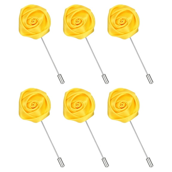 6Pack Rose Lapel Pin for Men, Satin Flower Lapel Pins, Yellow