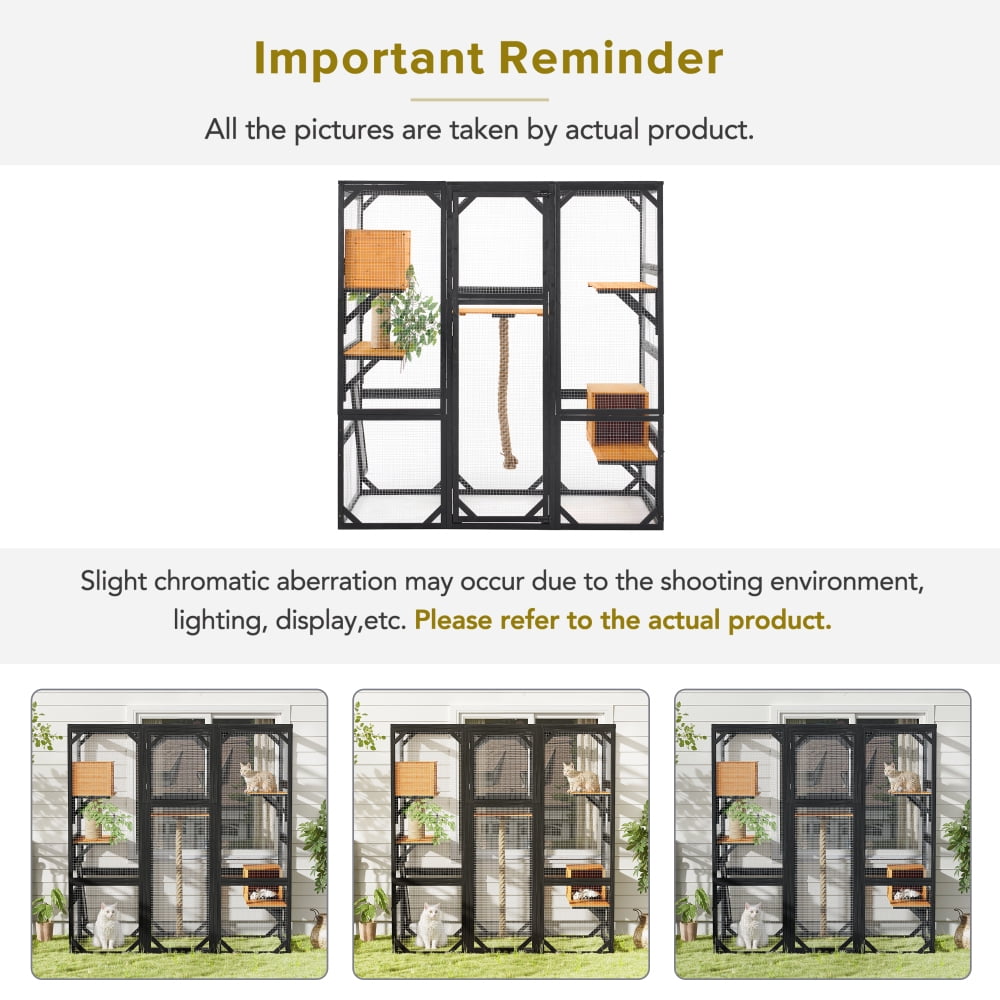 62.8" Outdoor Walk-In Cat Enclosure, Black Brown Wooden Catio with Platforms and Condos