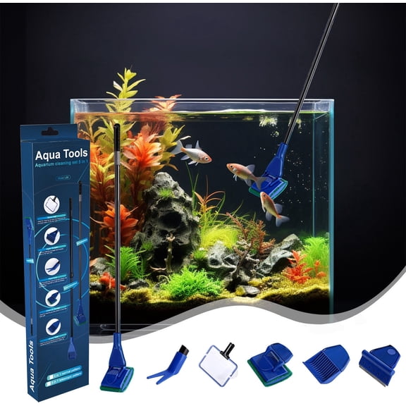 Aquarium Clean Tool 5 in 1 Fish Tank Cleaning Kit Algae Scraper Scrubber Pad Adjustable Long Handle Fish Tank Brush Cleaner Set