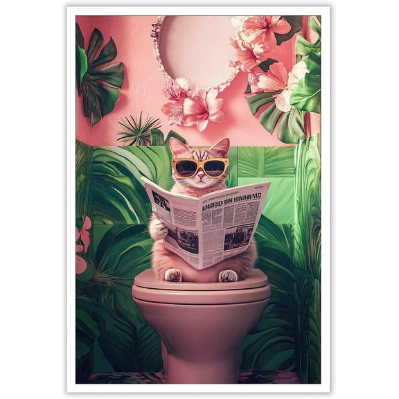 Vintage Cat Reading On Toilet Newspaper Posters Pink Bathroom Tropical Canvas Wall Art Funny Wearing Glasses Animals Prints Painting For Home Bedroom Dorm Wall Decor 8x12in Unframed