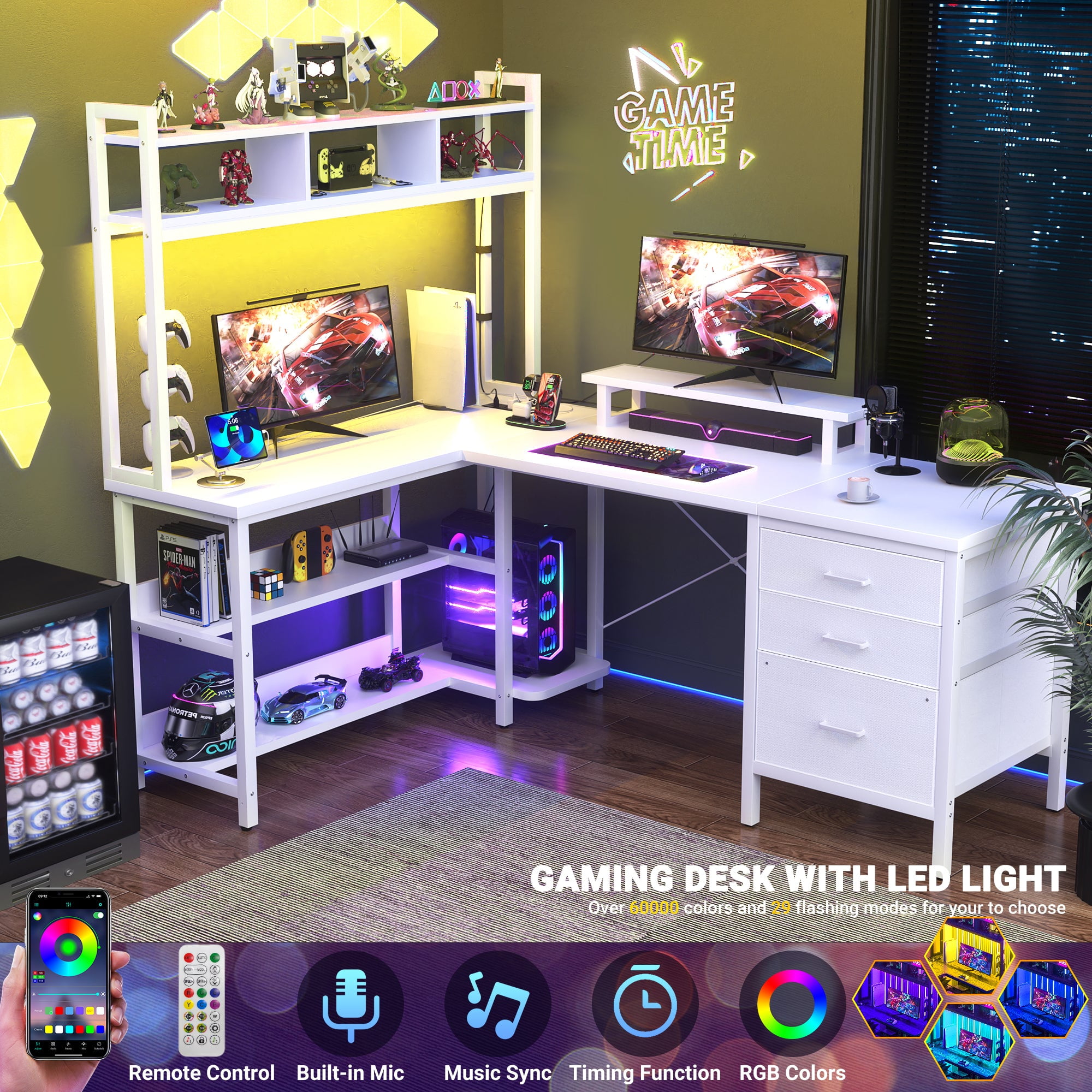 Homieasy L Shaped Desk with Hutch, Gaming Desk with Led Lights, Reversible Computer Desk with Power Outlet, Corner Desk with File Drawer & Monitor Stand, Storage Shelves for Home Office, White
