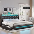 thumbnail image 2 of King Bed Frame with 4 Storage Drawers, King Size Platform Bed with Charging Station and Storage Shelves, Upholstered Headboard and Footboard with LED Lights, No Box Spring Needed, Black, 2 of 7