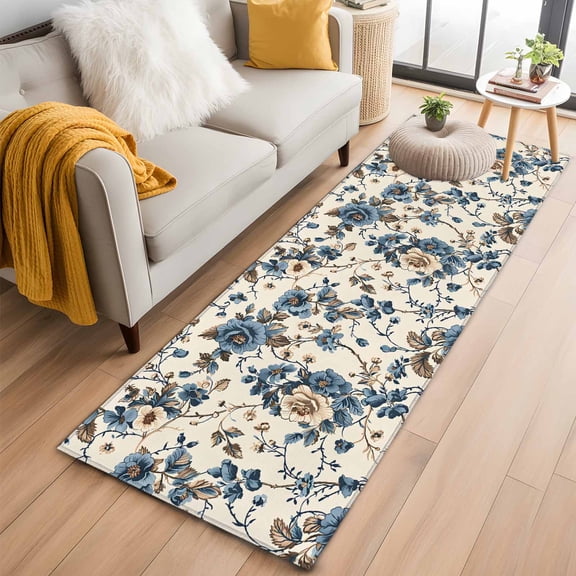 Blue Spring Floral 2'x6' Runner Rug, Vintage Botanical Farmhouse Washable Non-Slip Area Rugs for Hallway Kitchen Floor Bedroom Entryway, Long Laundry Carpet Decoration Indoor Mat