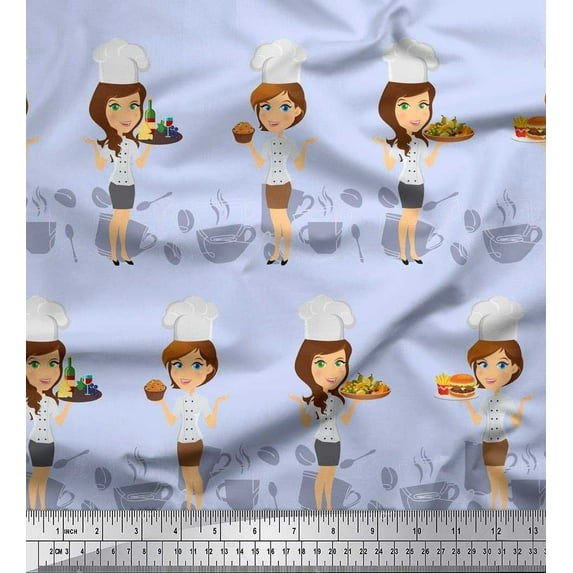 Soimoi polyester Crepe Fabric Cook Girl Print Fabric by the Yard 42 Inch Wide