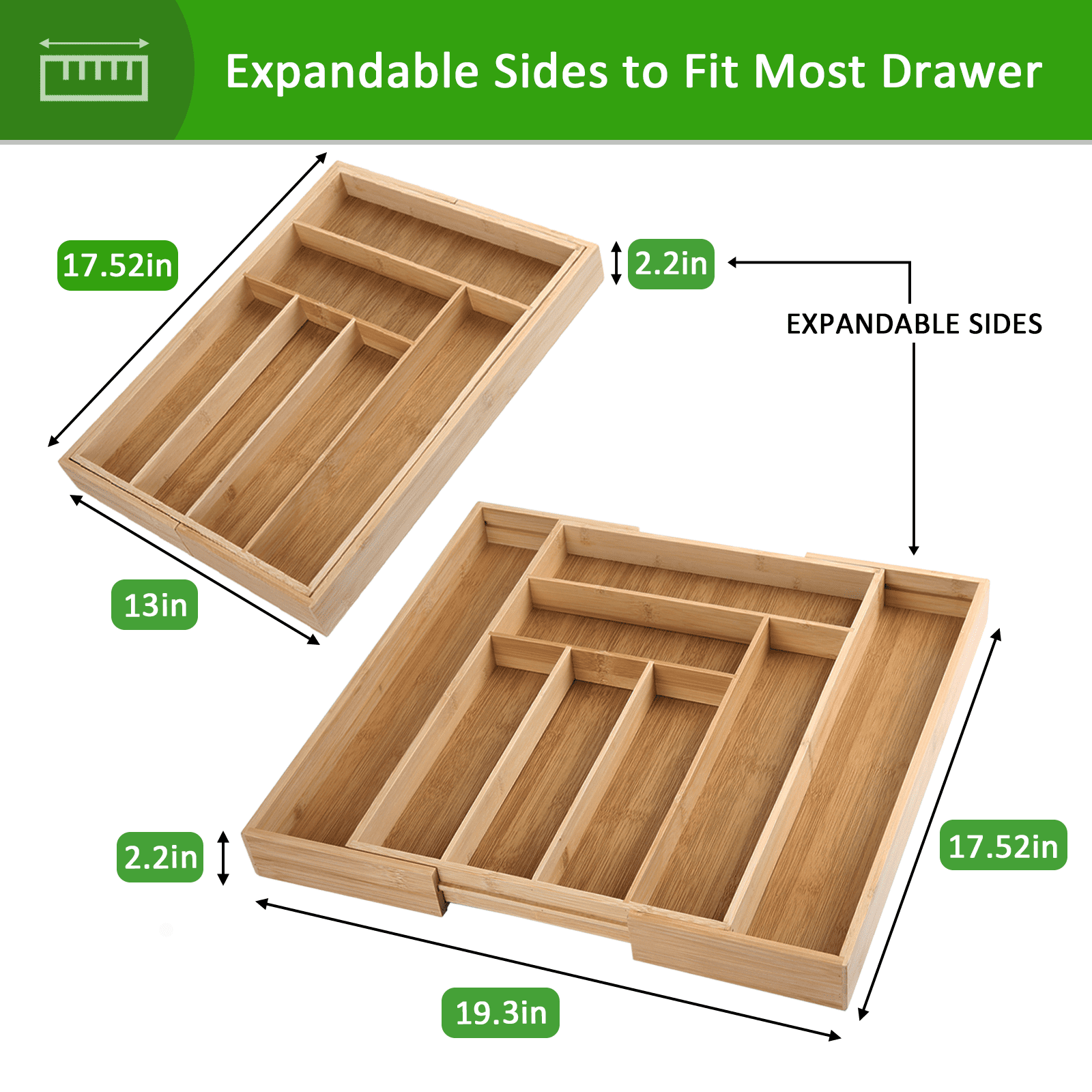 KitchenTrend Bamboo Expandable Drawer Organizer for Kitchen - Adjustable Utensil Tray 6-8 Slots