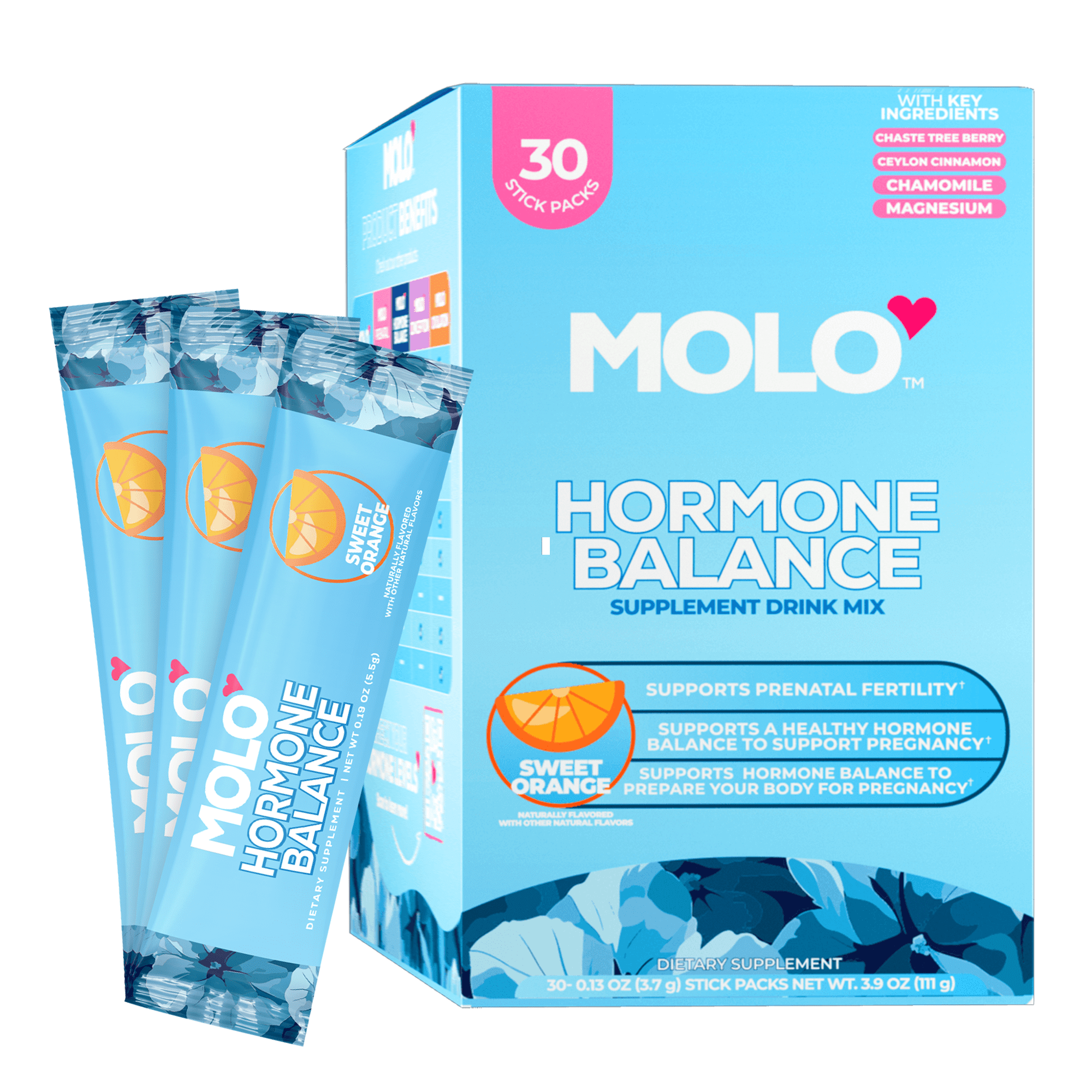 Molo Hormonal Balance Supplement Drink Mix, Mood Support and Cycle Regulation, Sweet Orange, 30 pack