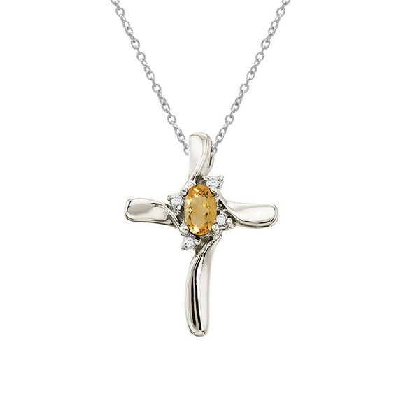 14K White Gold Citrine and Diamond Cross Pendant with 18" Chain