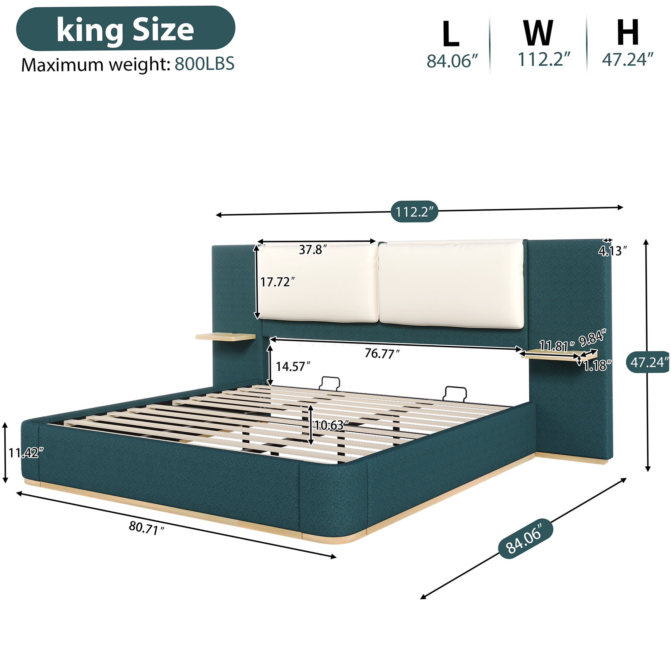 King Size Upholstered Storage Bed Frame with Headboard, Modern Platform Bed with Side Shelves, No Box Spring Needed, Green Fabric Bedroom Furniture
