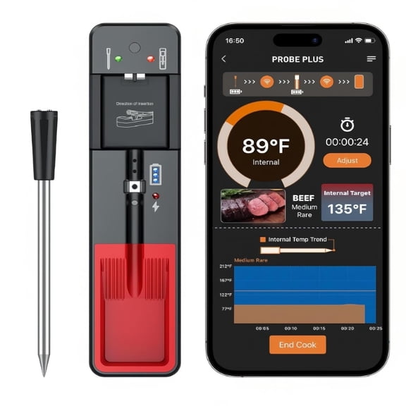 Smart Wireless Meat Thermometer with Thinnest Probe, Bluetooth Food Thermometer, Remote Tracking and Real-Time Readings from Apps, for iOS and Android, for BBQ, Grill, Smoker