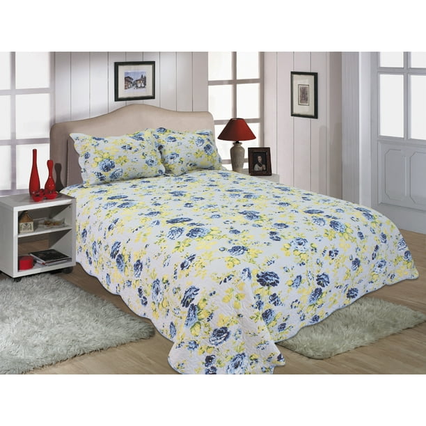 All For You 3pc Reversible Quilt Set Bedspread And Coverlet With Flower Prints 4 Diffe Sizes Yellow Blue Flowers Larger King 100 X 110 Size Pillow Shams Com 3pc Reversible Quilt Set Bedspread, Beautiful King Size Bedspreads