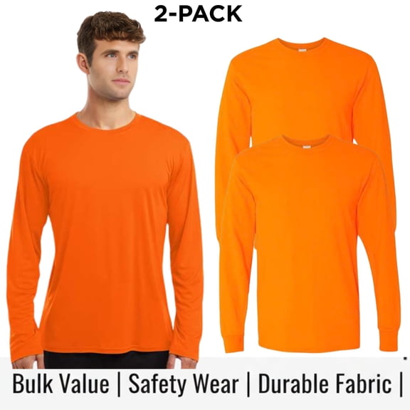 Crown Craze® Men’s High Visibility Long Sleeve T-Shirt, Hi Vis Safety Work Tee (Safety Orange 2 Pack, L)