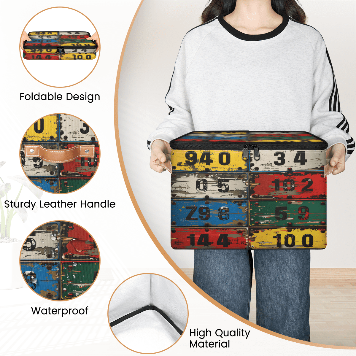 CURLYOOT Vintage License Plate Numbers Fabric Storage Bins with Lids, Foldable Storage Boxes Washable Storage Cube, Closet Bedroom Home Organizer Containers with PU Leather Handles