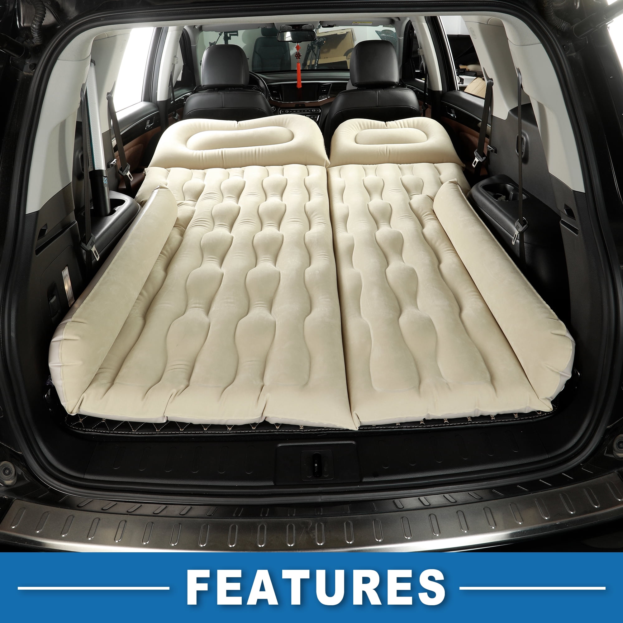 Unique Bargains 1 Set Car Air Mattress Camping Bed Air Bed Mat Sleeping Mat with Air Pump for Car Travel Camping Beige