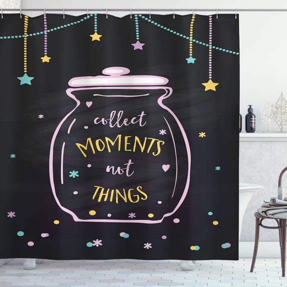 Saying Shower Curtain, Cursive Wording in a Glass Jar Stars and Polka Dots, Fabric Bathroom Set with Hooks, 69W X 84L Inches Extra Long, Baby Pink Dark Grey, by Ambesonne