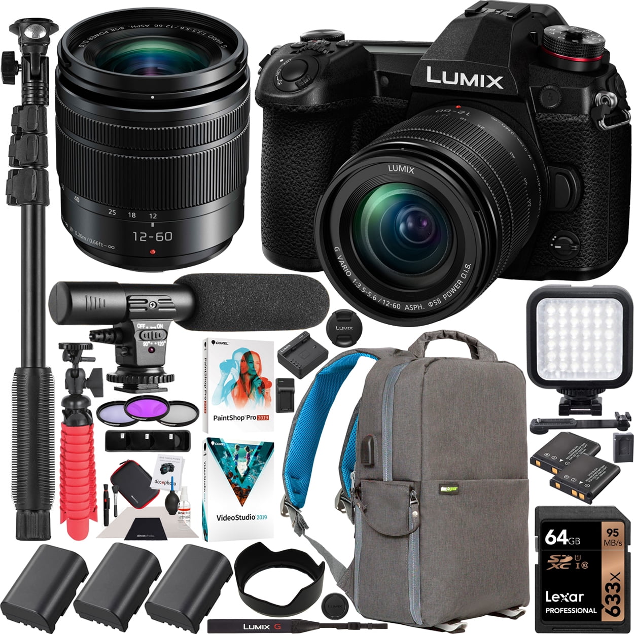 Panasonic Dc G9mk Lumix G9 Mirrorless 4k Camera With 12 60mm F3 5 5 6 Lens 3x Battery Bundle W Deco Gear Backpack Photo Video Led Microphone Filter Kit Monopod 64gb Software