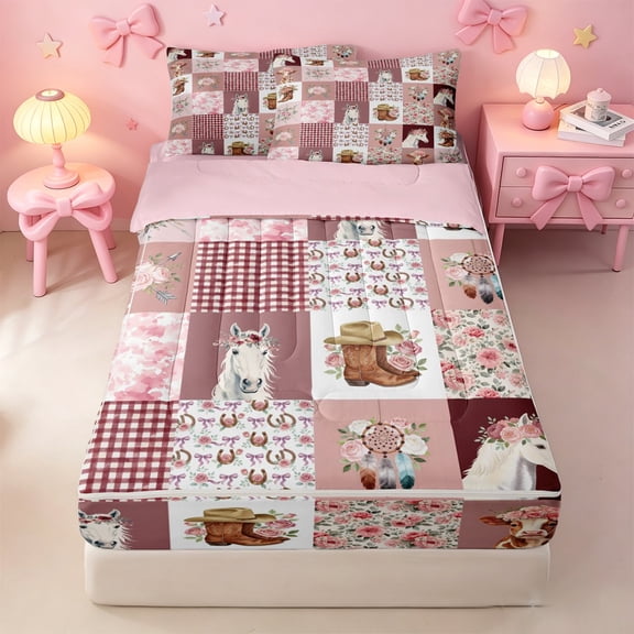 meiyoeat Farm Animal Horse Cow Zipper Twin Comforter Sets with Fitted Sheet and 2 Pillowcases,Romantic Pink Flowers Zipper Bedding Set For Girl,Reversible,4-Piece