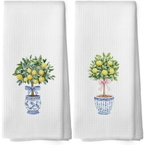 Chinoiserie Floral Coquette Bow Kitchen Towels - Preppy Lemon Floral Dish Towels, Blue and White Porcelain Decorative Absorbent Dishcloths Hand Towels Set of 2 for Bathroom Decor 18x26 Inches