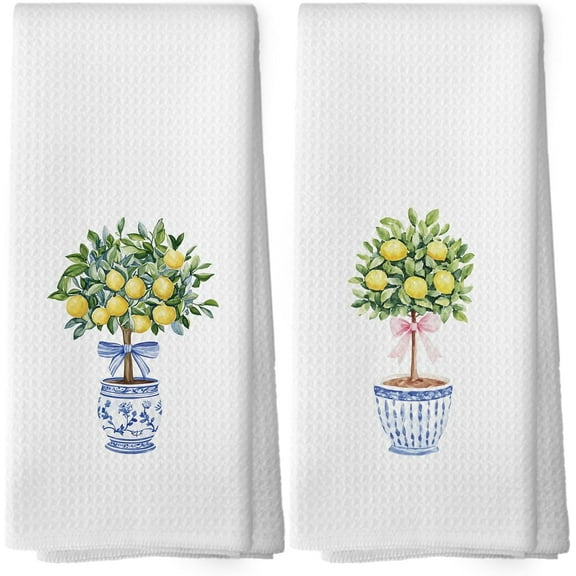 Chinoiserie Floral Coquette Bow Kitchen Towels - Preppy Lemon Floral Dish Towels, Blue and White Porcelain Decorative Absorbent Dishcloths Hand Towels Set of 2 for Bathroom Decor 18x26 Inches