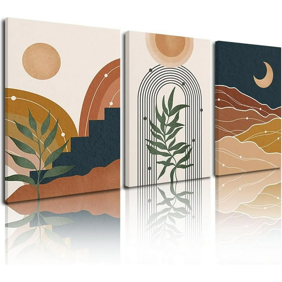 Boho Wall Decor for Bedroom Nursery Decor Sun Moon Art Plant Leaf Prints Poster Mountain Canvas Neutral Wall Art Mid Century Modern Wall Decor Minimalist Wall Picture for Bedroom Home 12"x16"