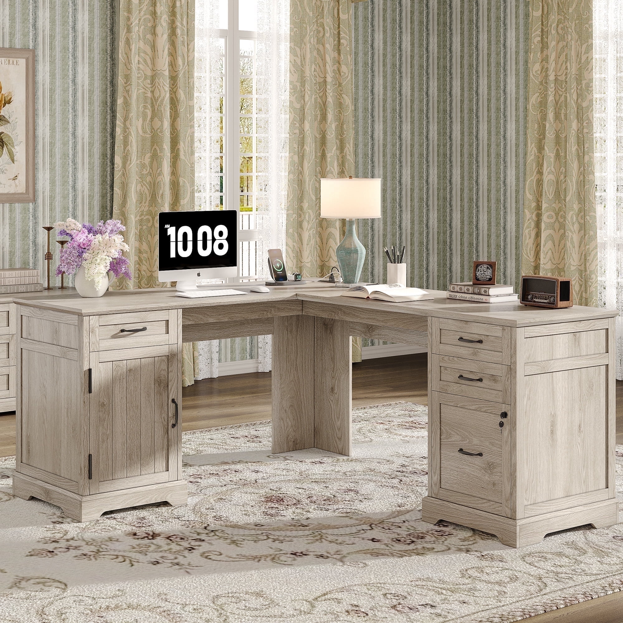 67'' Farmhouse L Shape Desk with File Drawers and Charging Station for Home Office, Light Wash Gray