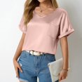 thumbnail image 3 of Top de manga corta de satén holgado para mujer, ideal para primavera/verano - Bolsillos, puños enrollados, estilo versátil - Tallas S-XL, ideal para la playa y los recados, 3 of 8