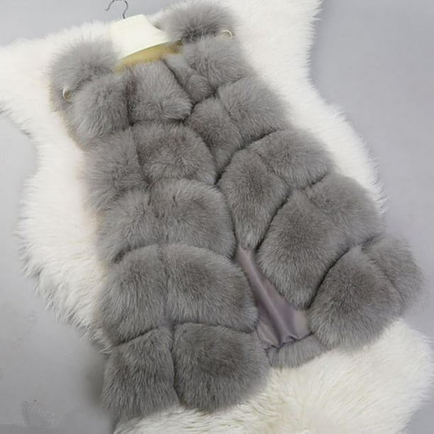 Women Faux Fur Waistcoat Gilet Body Warmer Eeveless Jacket Coat S Grey XL