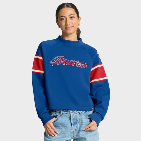 Women's Fanatics Royal Atlanta Braves Oversized Toss Sweep Raglan Pullover Sweatshirt