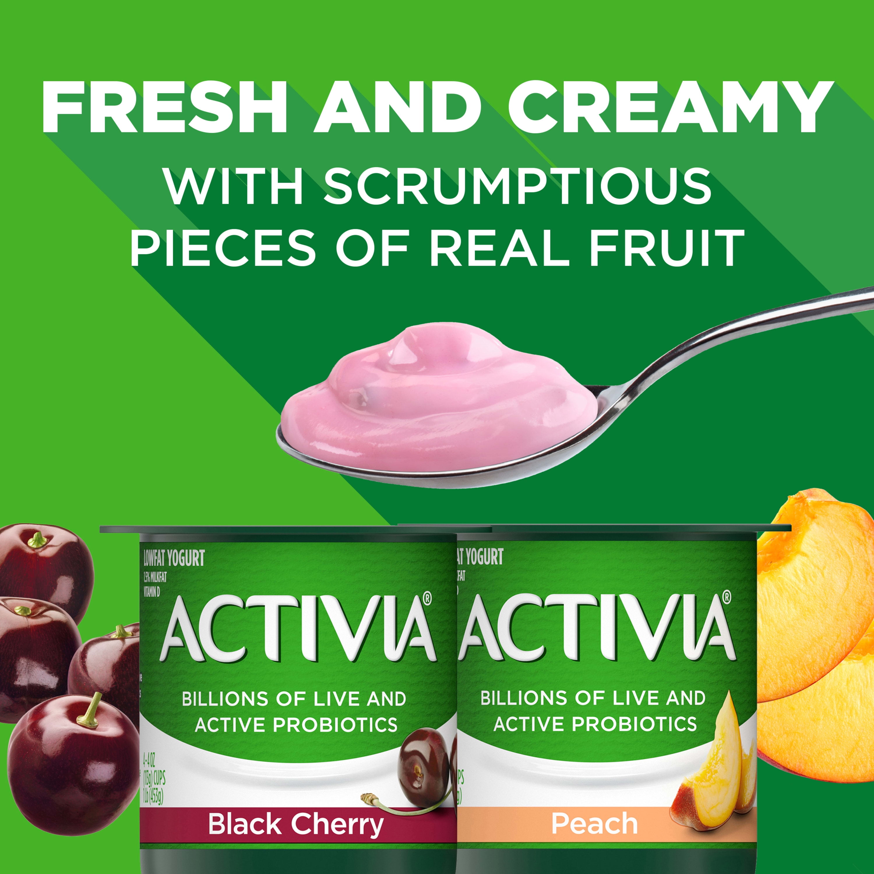 Activia Black Cherry/Peach/Strawberry Probiotic Lowfat Yogurt, 4 Ounce Cup  -- 24 per pack